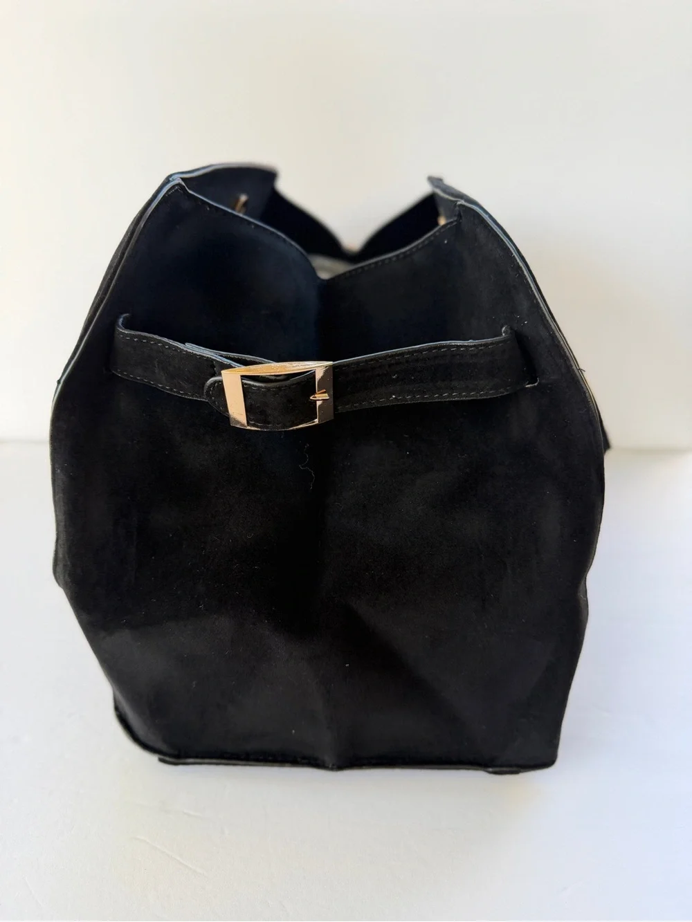Black Top Handle Suede Satchel Handbag w/Buckle Detail Gold Hardware Zip Pocket